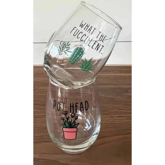 2 Funny Stemless Wine Glasses: Plant Lover Gift Set-What the Fucculent/Pot Head